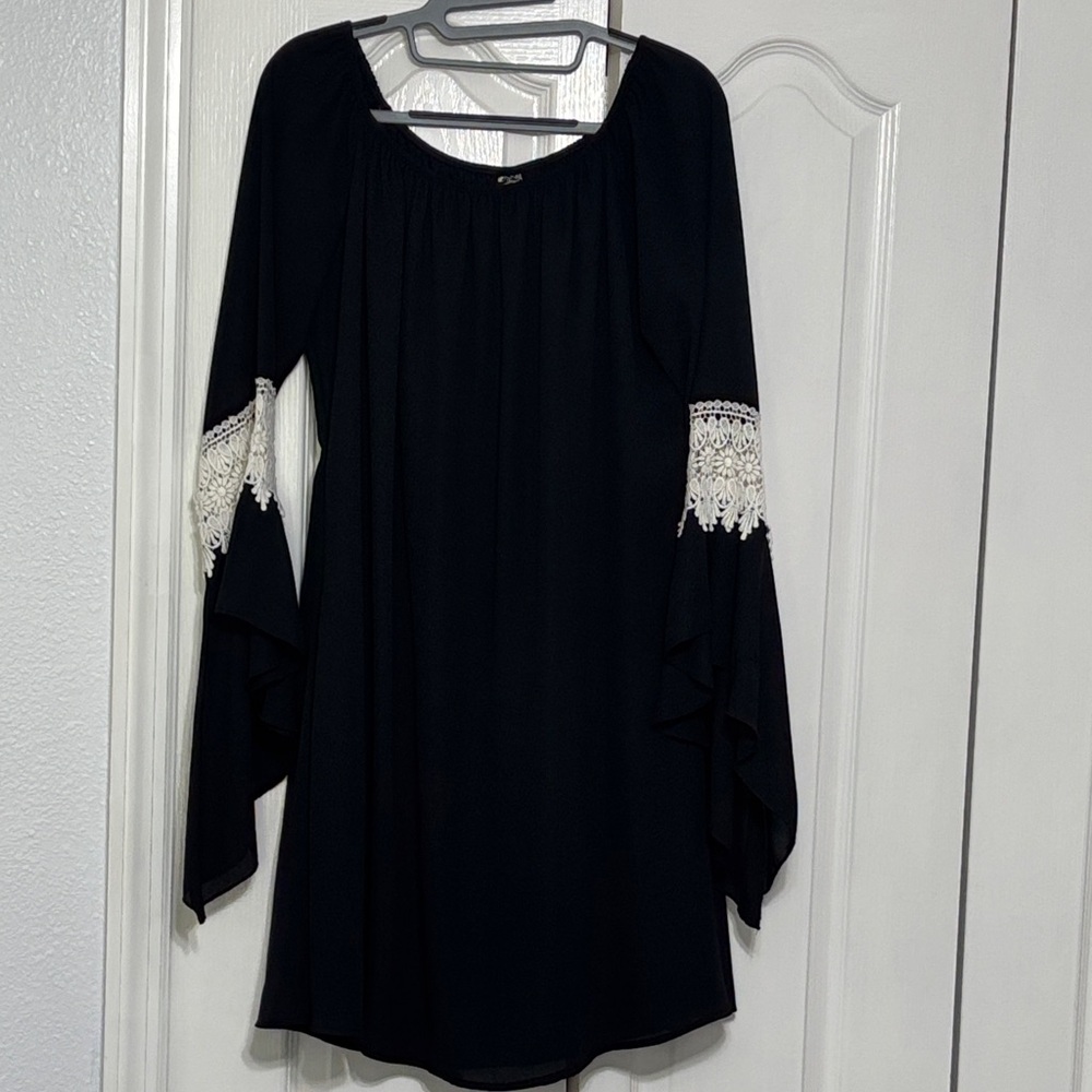 Black Mini Dress with Lace Bell Sleeves